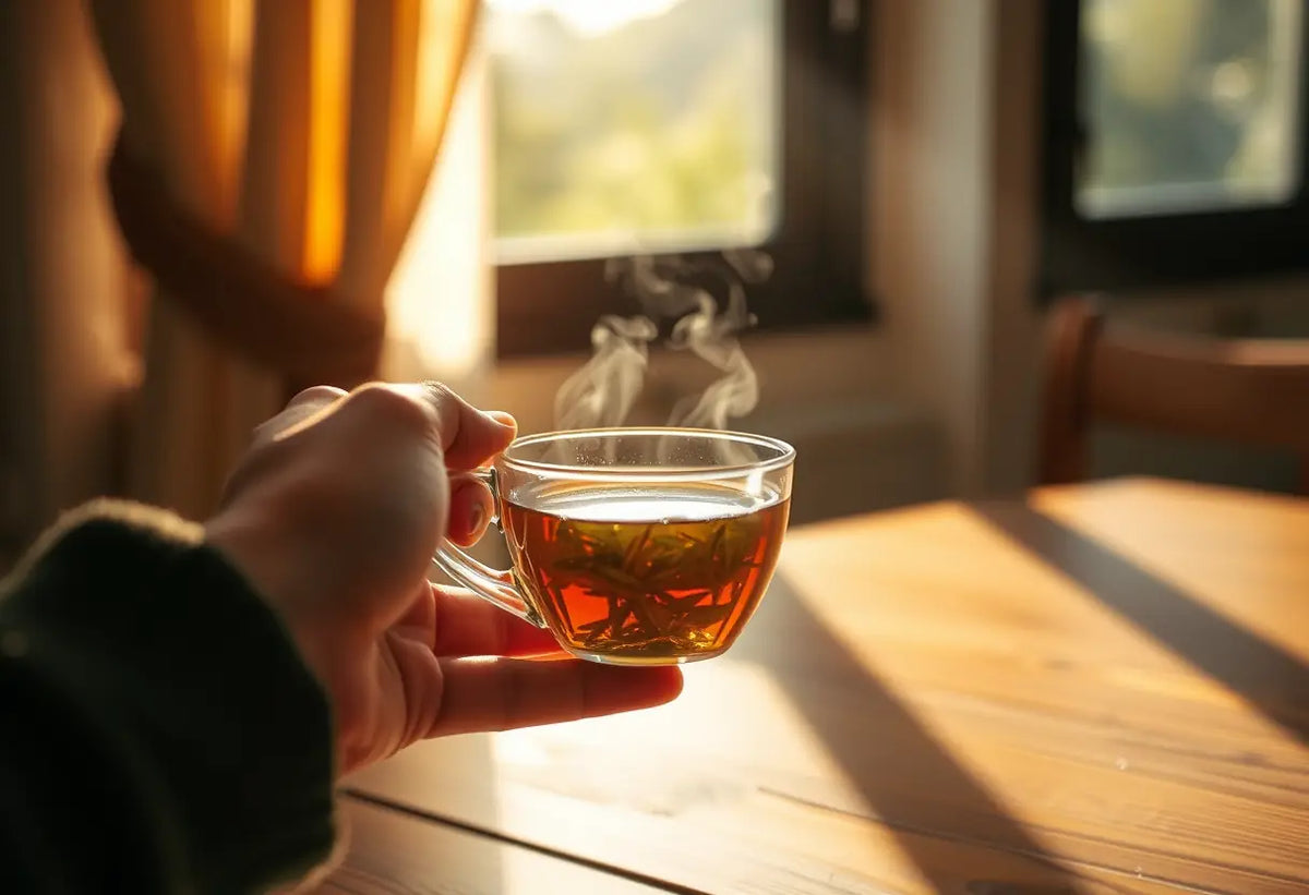 Une main tenant une tasse de thé herbeux, éclairée par la lumière du jour