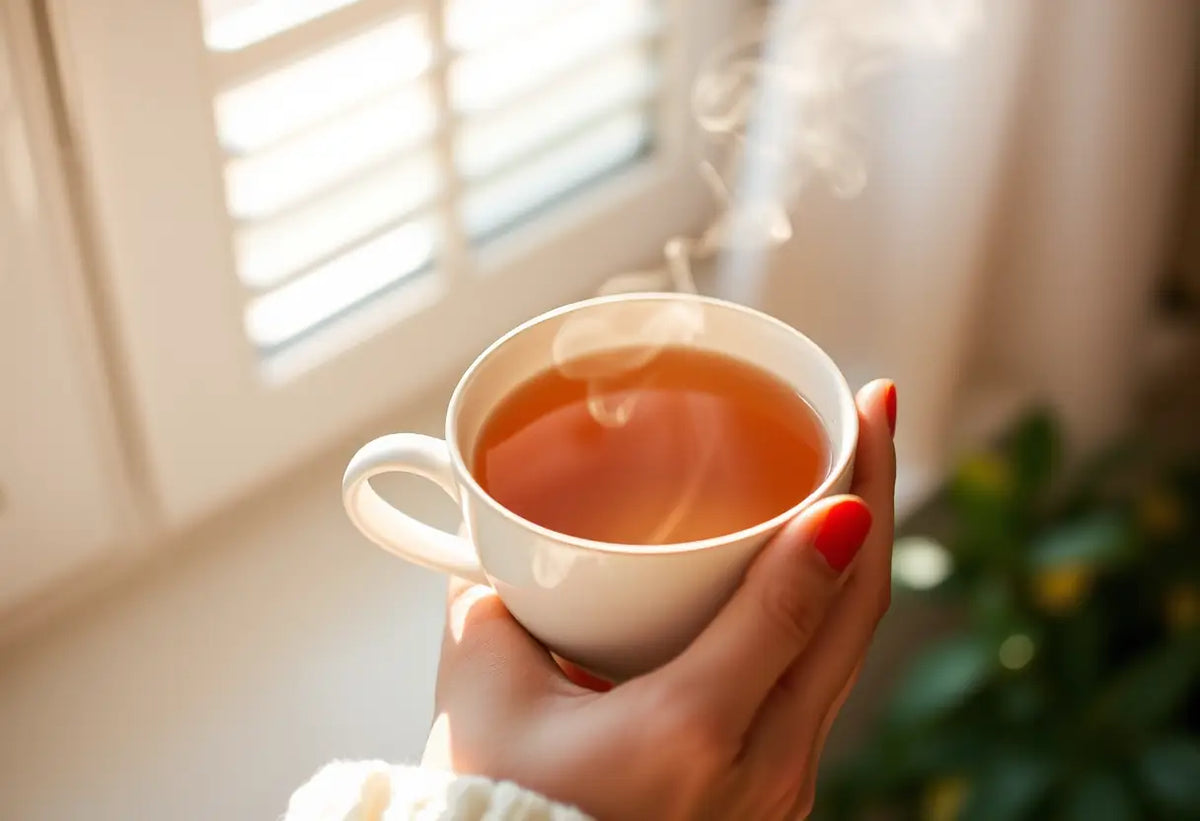 Une main tenant une tasse de thé chaud, symbolisant la guérison.