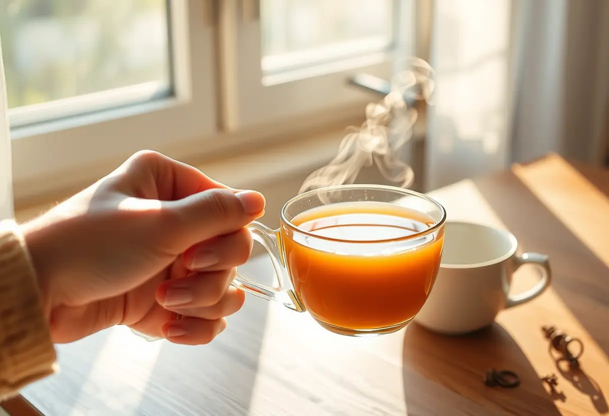 Une main tenant une tasse de thé herbeux chaude, éclairée par la lumière du soleil
