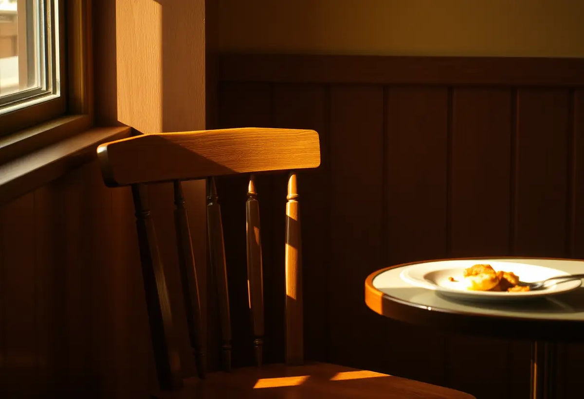 Un fauteuil dans une salle à manger intime avec une assiette sur une petite table à côté