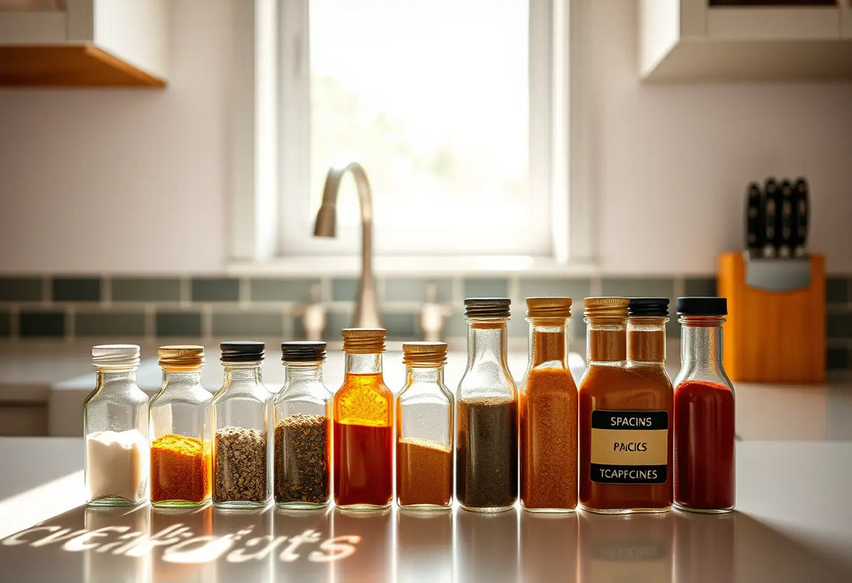 Un plan de travail de cuisine avec des épices dans des bouteilles en verre