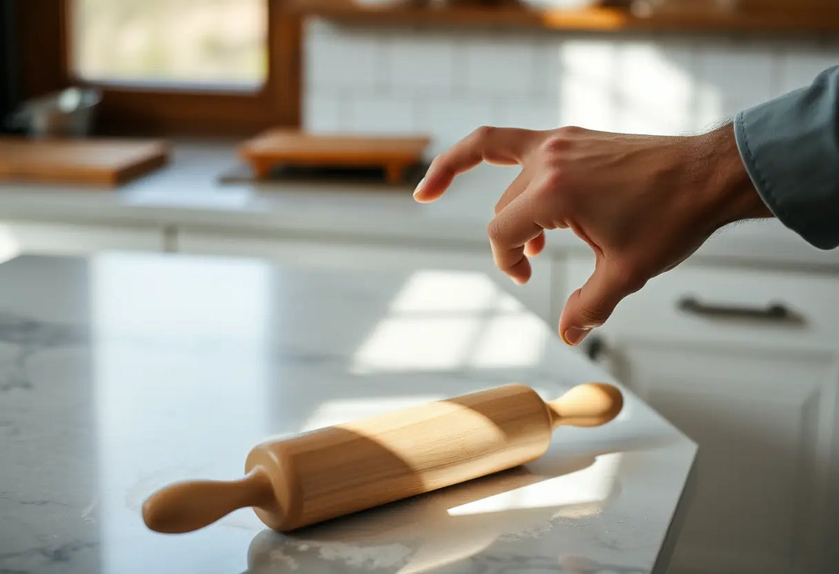 Main dans une cuisine, pin rouleau en bois