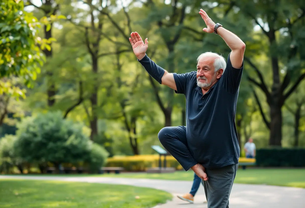 Un vieil homme pratiquant le yoga dans un parc, mettant en avant les bénéfices de l'activité physique sur la continence.