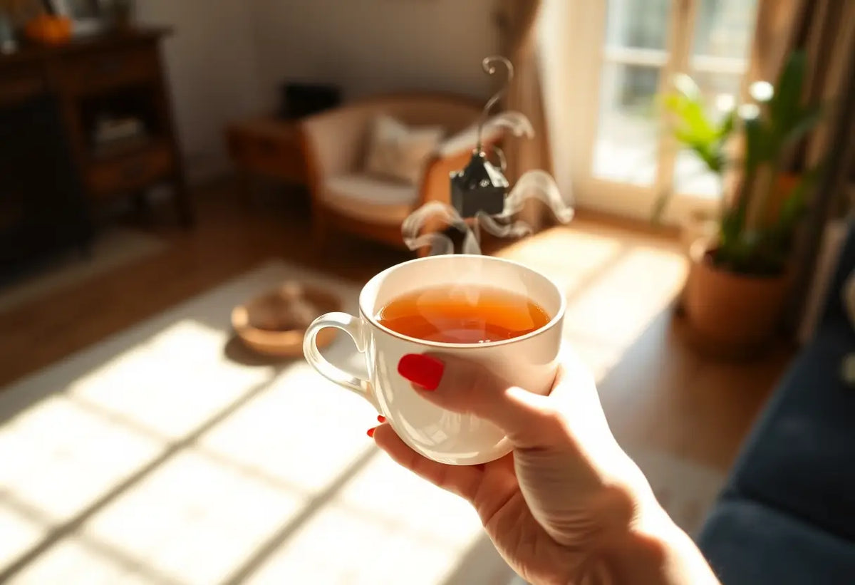 Une main tenant une tasse de thé chaud dans un salon accueillant
