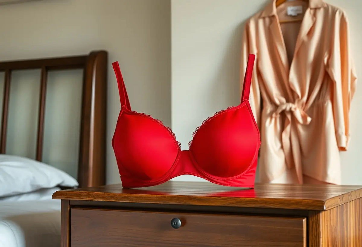 Un soutien-gorge push-up rouge posé sur une commode en bois avec une blouse en soie
