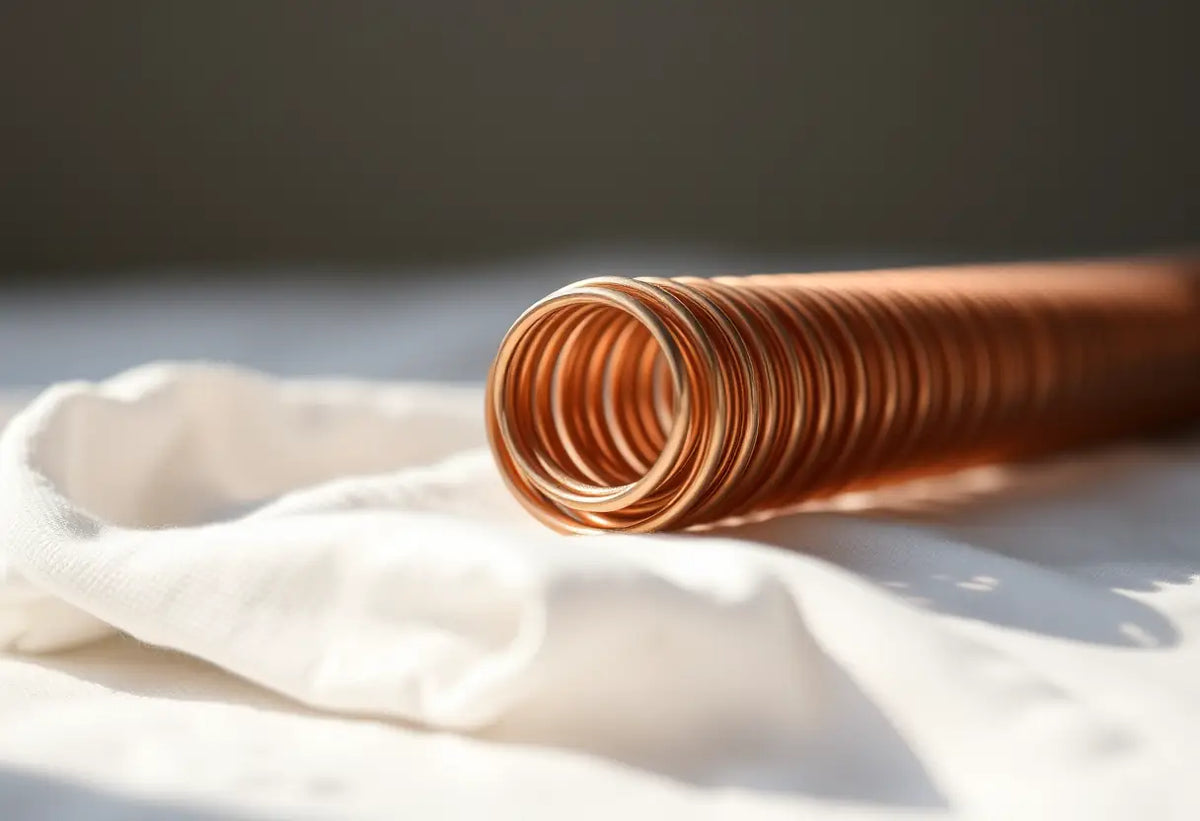 Un spiralement de cuivre posé sur un tissu blanc