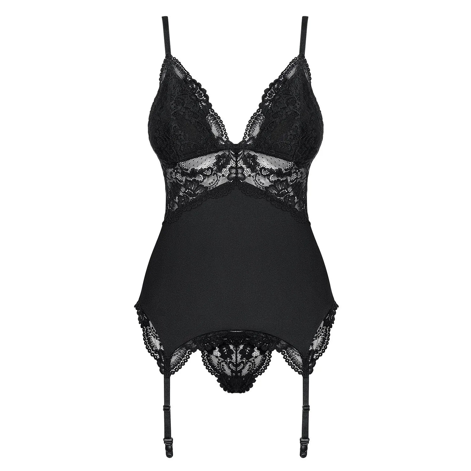 Guêpière noire en dentelle ajustable avec bretelles et jarretelles réglables, bonnets doublés, string inclus.