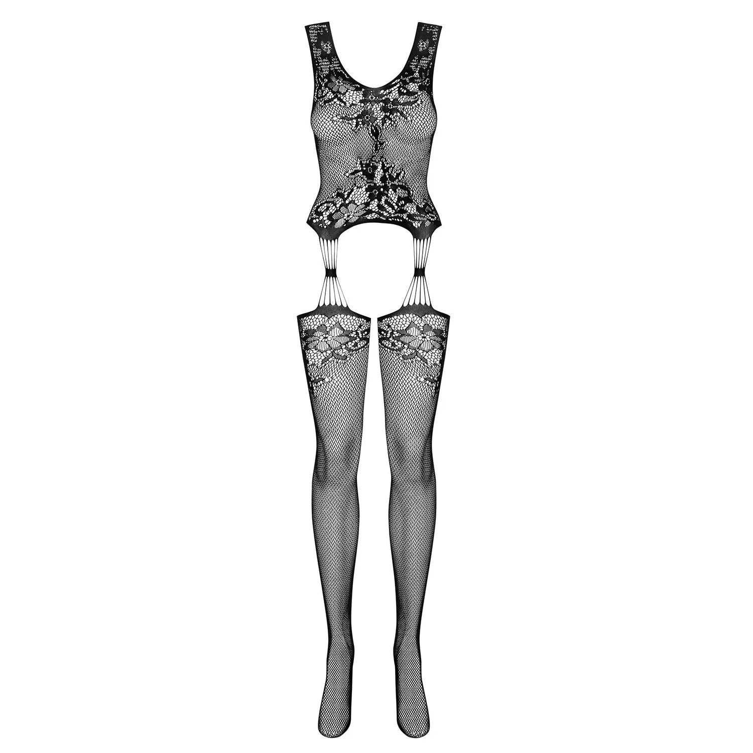 Combinaison noire sexy motifs floraux, collants intégrés, élasthanne, coupe ajustée, élégante et séduisante.