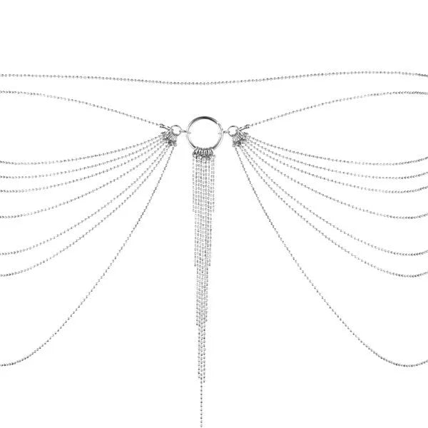 Chaîne taille argentée élégante et ajustable, design raffiné avec détails sculptants, idéale pour sublimer la silhouette.