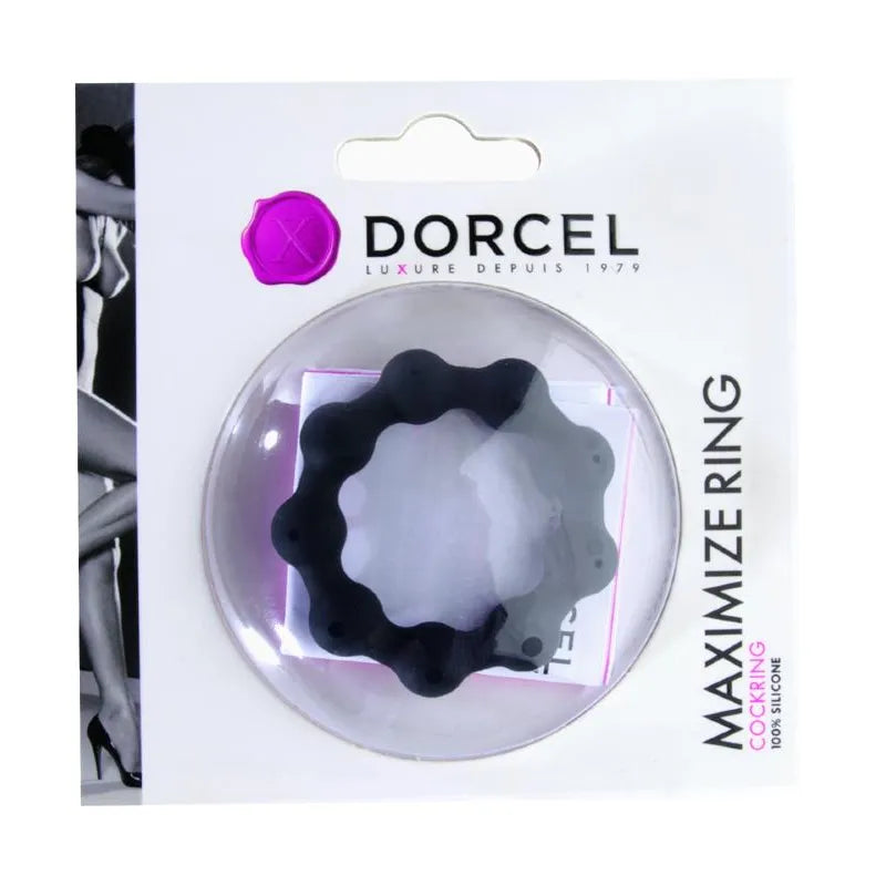 Anneau pénien réglable silicone noir, design ondulé, emballage Dorcel, améliore érection et sensations intimes.