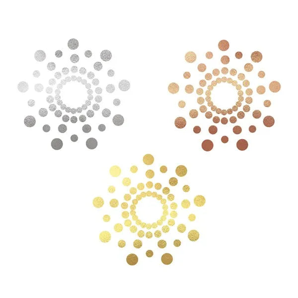 Cache-tétons métallisés réutilisables, motifs circulaires dorés, argentés et cuivrés, élégants et confortables.