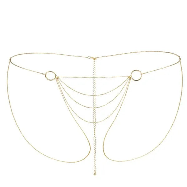 Chaîne bikini dorée élégante, design raffiné avec anneaux et chaînettes, accessoire mode chic pour plage estivale.