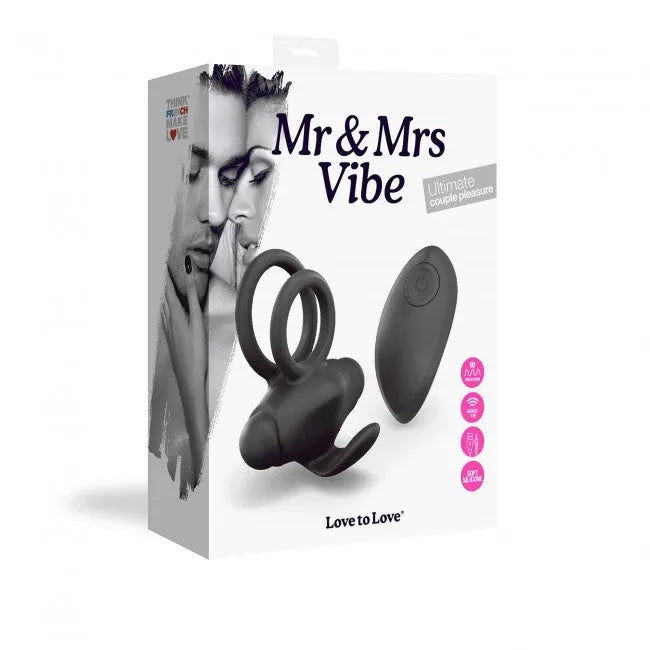 Anneau pénien vibrant noir avec télécommande, élégant et discret, en silicone, sur emballage Mr & Mrs Vibe.
