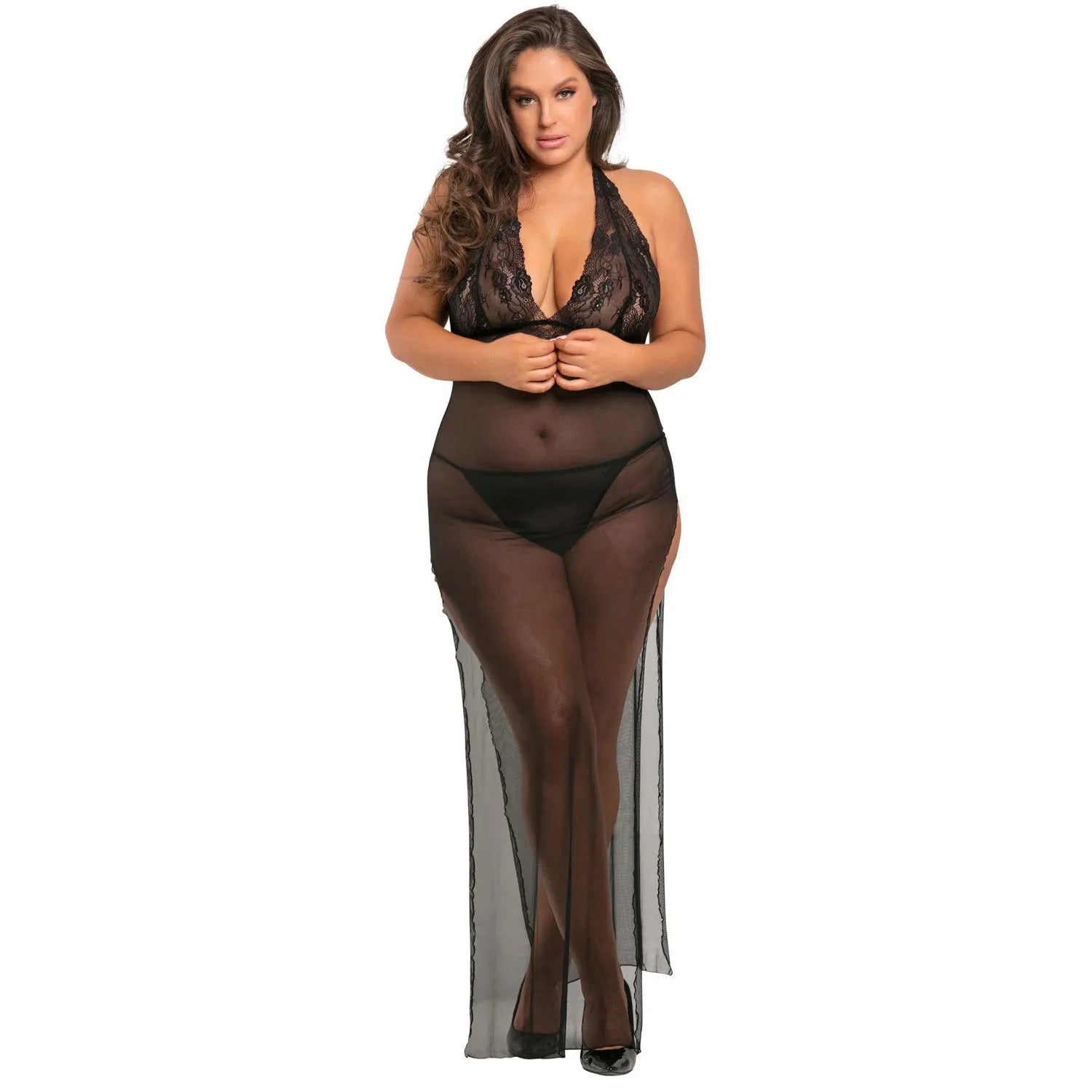 nuisette longue transparente grande taille noire dentelle sexy fendue string inclus décolleté plongeant glamour élégante confortable douce respirante