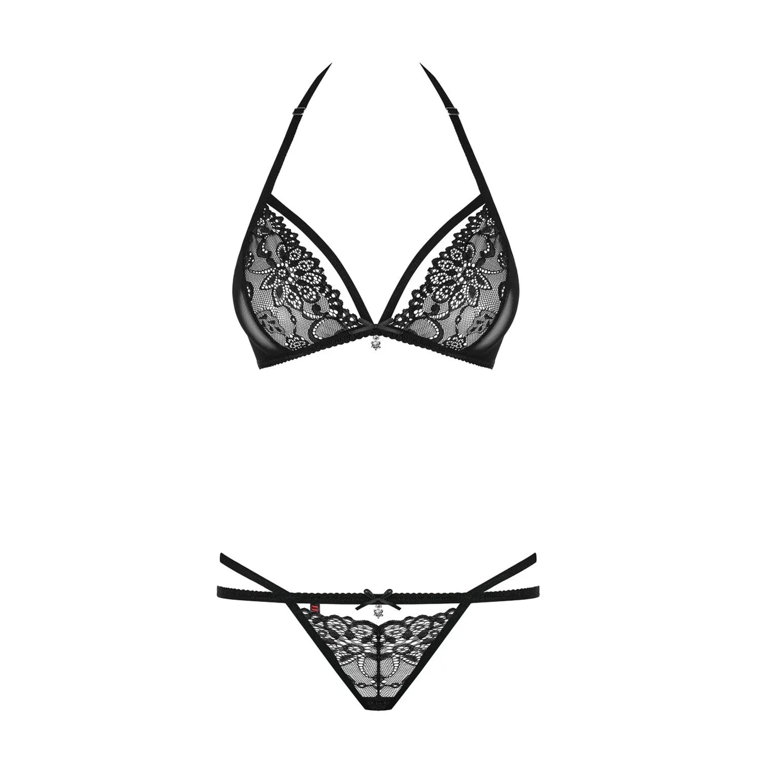Ensemble lingerie dentelle noir deux pièces, lanières bijoux, élégant et séduisant, polyamide élasthanne, silhouette sculp...