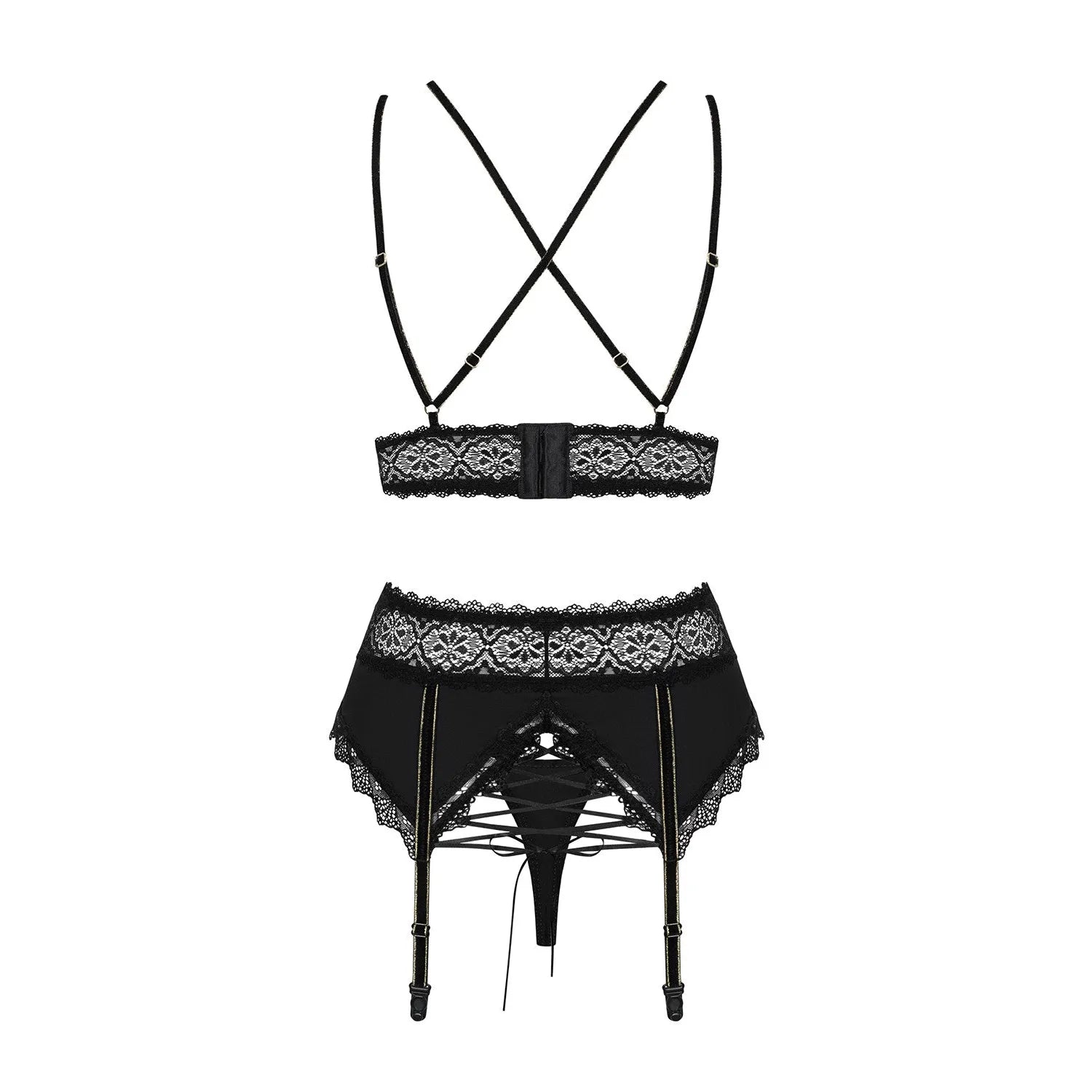 Lolitte ensemble trois pièces noir dentelle dorée soutiengorge rembourré portejarretelles string bretelles ajustables laçage galbant sensuelle