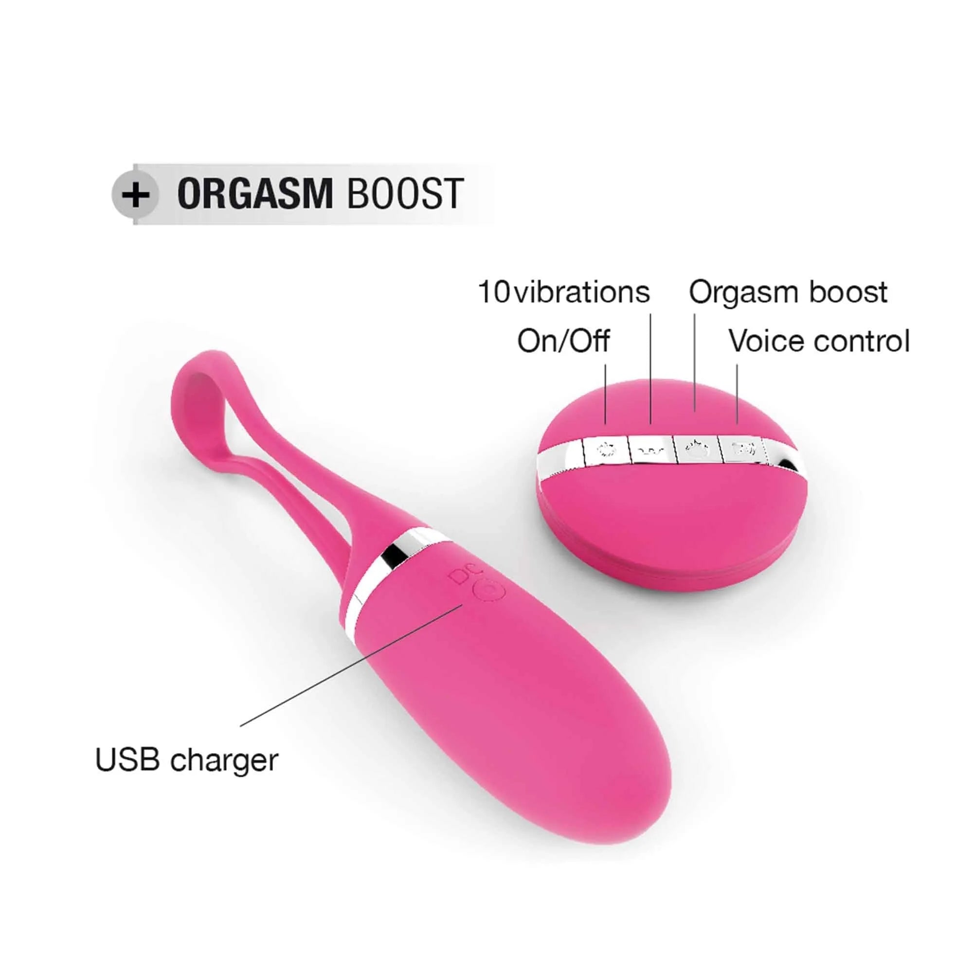 Oeuf vibrant silicone télécommandé magenta dix modes contrôle vocal rechargeable câble inclus sans phtalate doux toucher compact discret couple