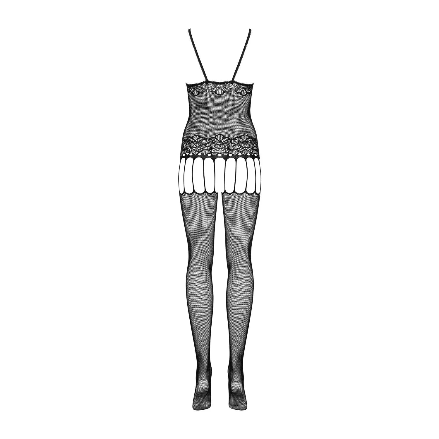 Combinaison résille noire à motif floral, jarretelles intégrées, technologie 3Sknit, élégance et sensualité.