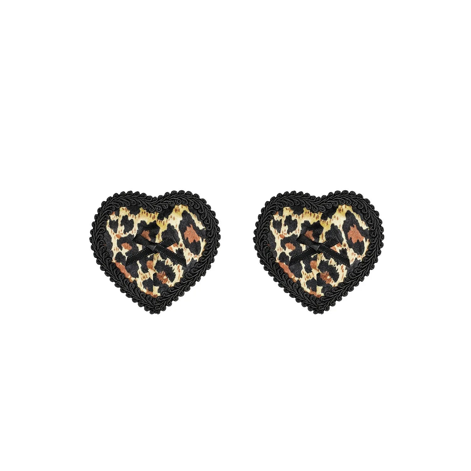 Cache-tétons léopard en satin adhésif, forme cœur, bordure noire, réutilisables, 6cm, séduction et confort.