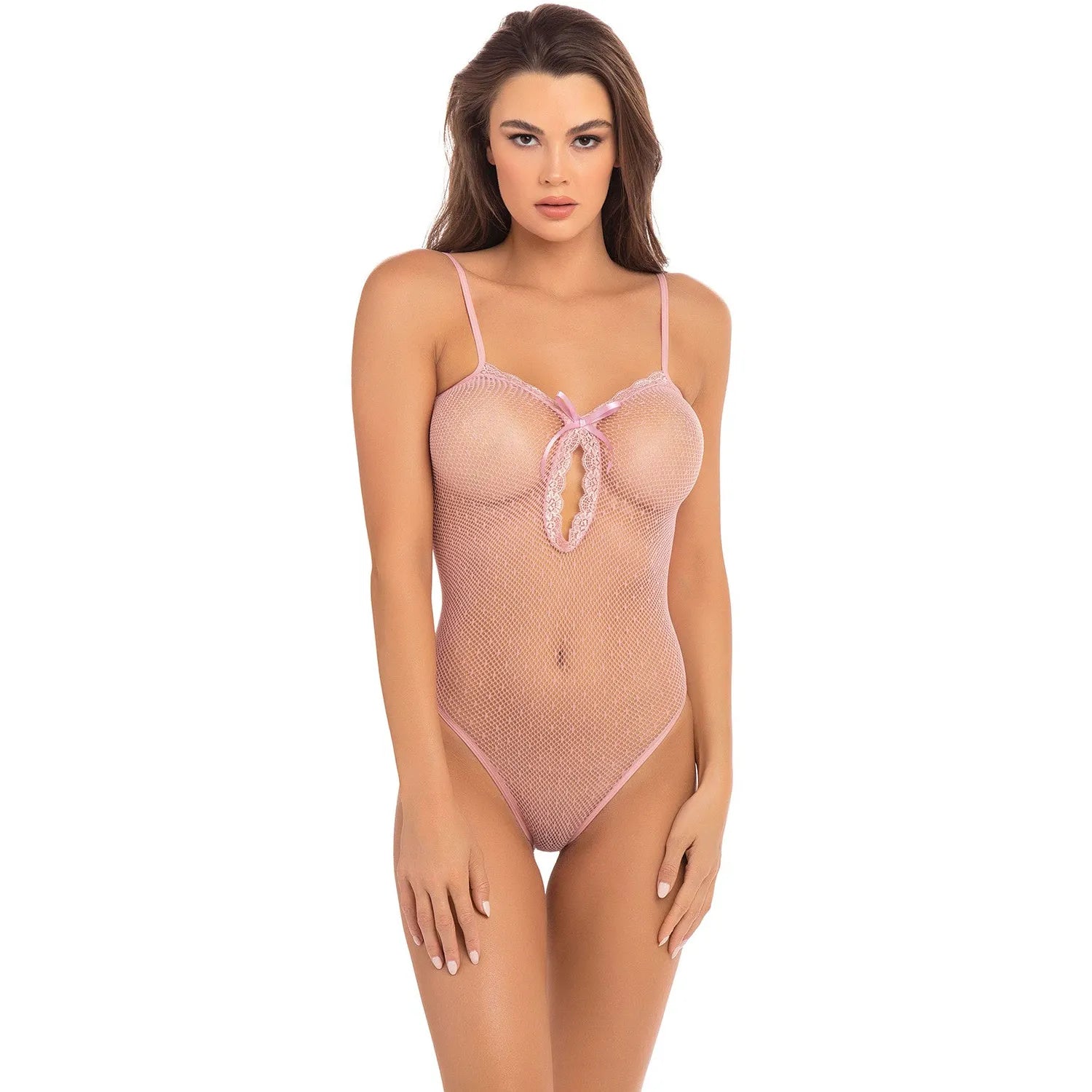 body résille rose pois dentelle satin bretelles fines ajustables nylon spandex taille unique légère échancrée sculptante glamour séduisante raffinée