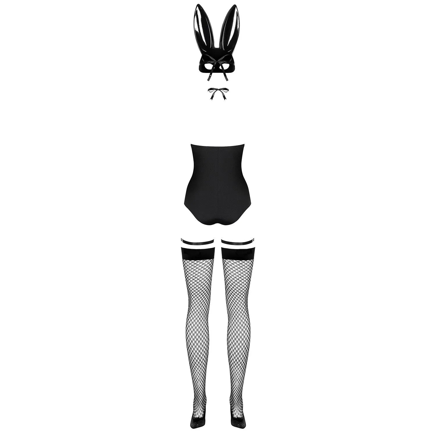 Costume lapin sexy noir avec body ajusté, masque oreilles, jarretelles réglables et bas résille, élégant et espiègle.