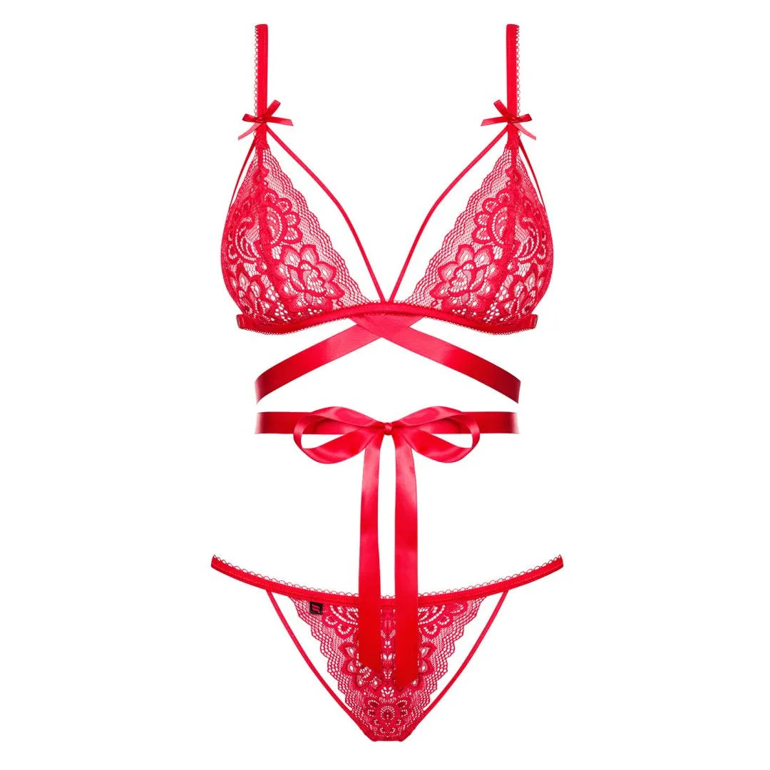 Ensemble lingerie rouge sexy Lovlea, bretelles réglables, tissu flexible, dentelle élégante, soutien-gorge et culotte.