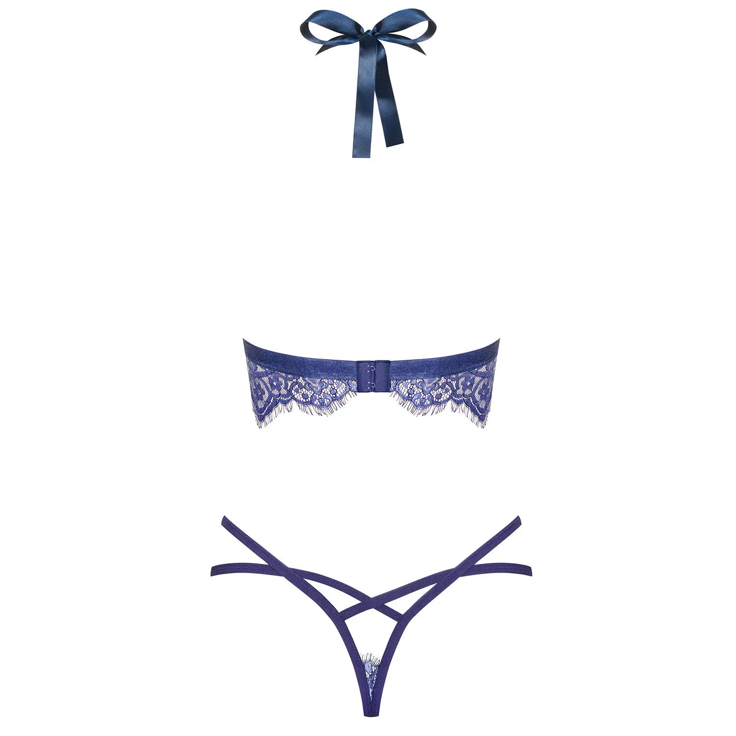 Ensemble lingerie dentelle bleu avec corset, string et soutien-gorge rembourré, ruban ajustable, design séduisant.