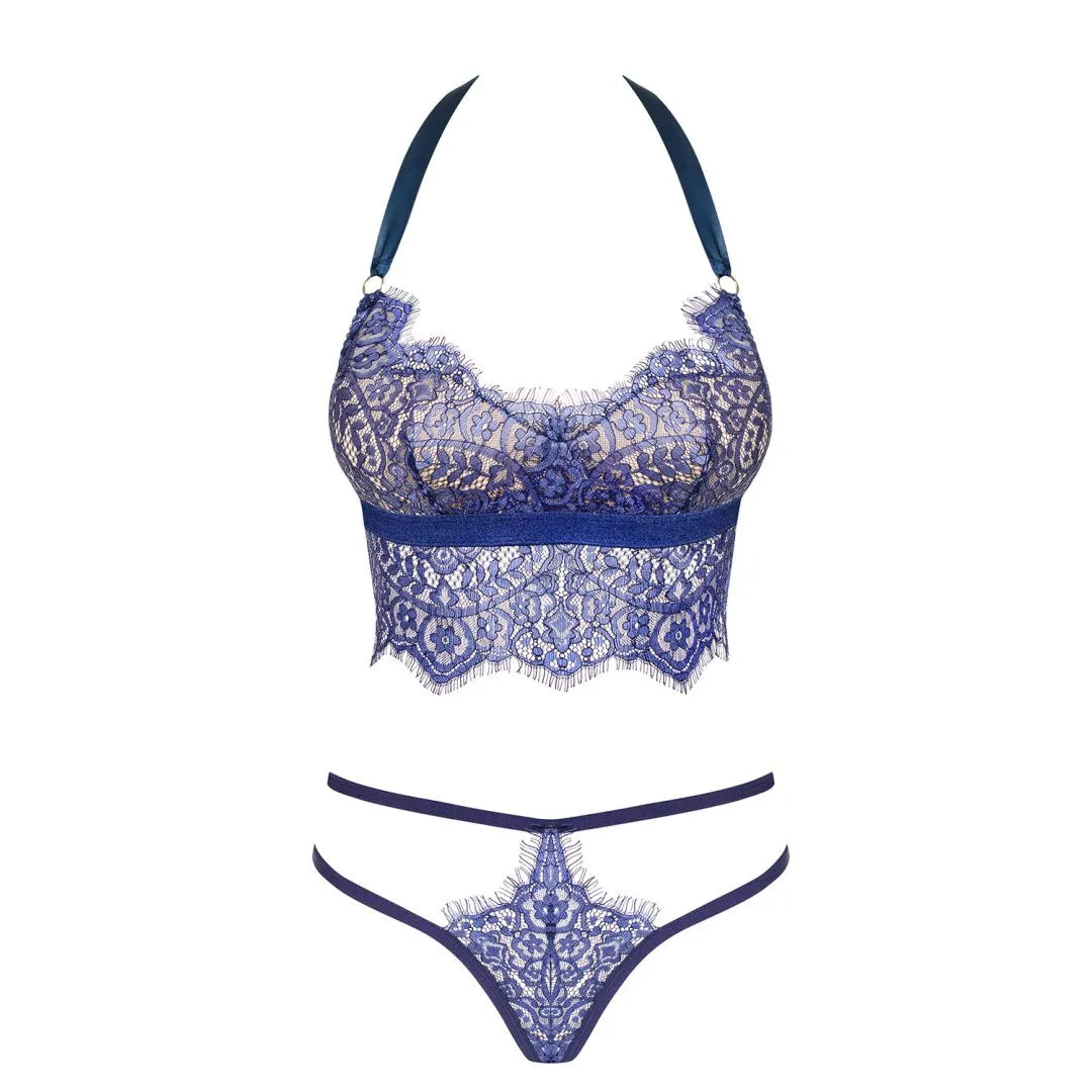 Ensemble lingerie dentelle bleu avec corset et string, soutien-gorge rembourré, ruban ajustable, design séduisant.