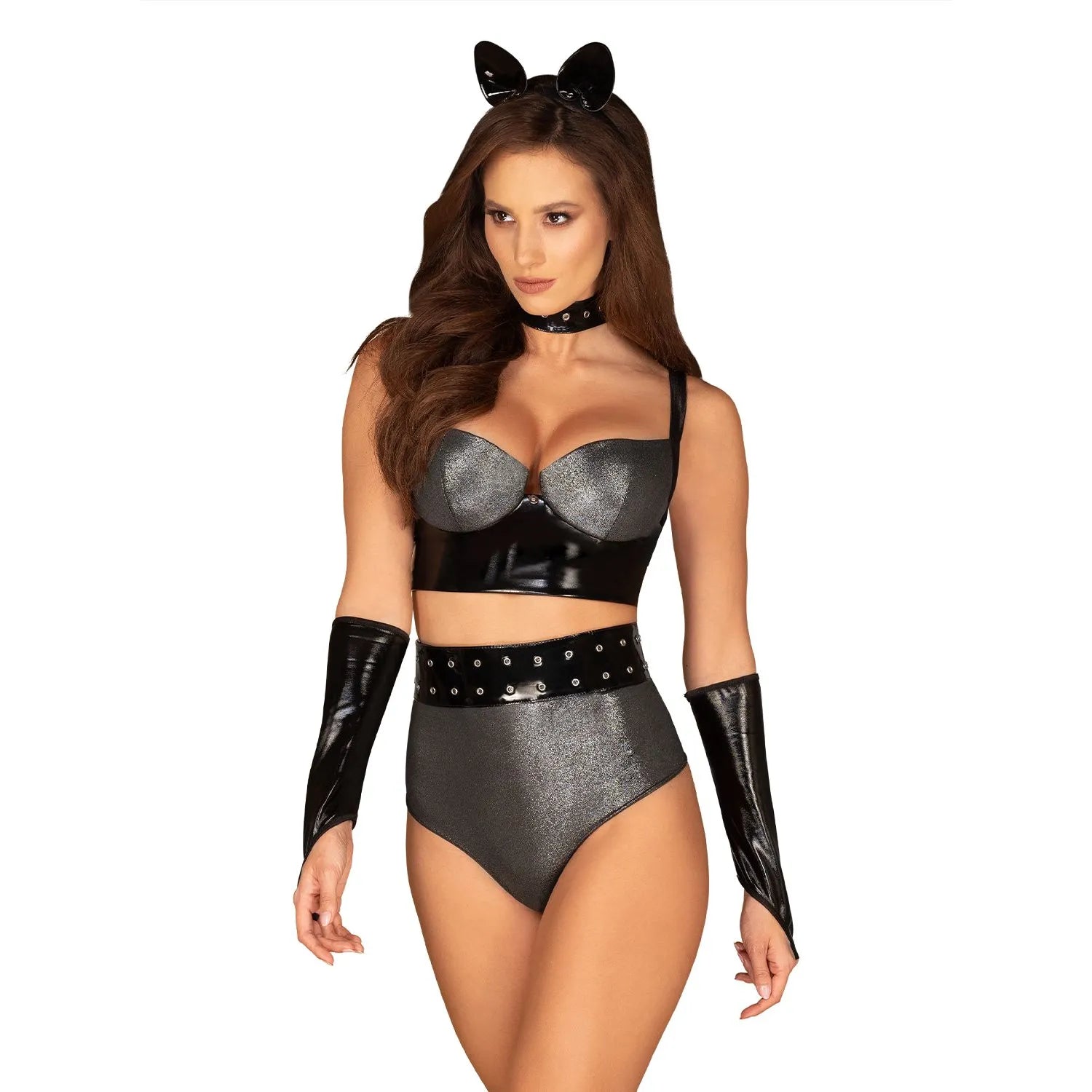 ensemble lingerie argenté simili cuir taille haute six pièces accessoires réglables bretelles culotte soutien gorge gants ceinture serre tête brillant