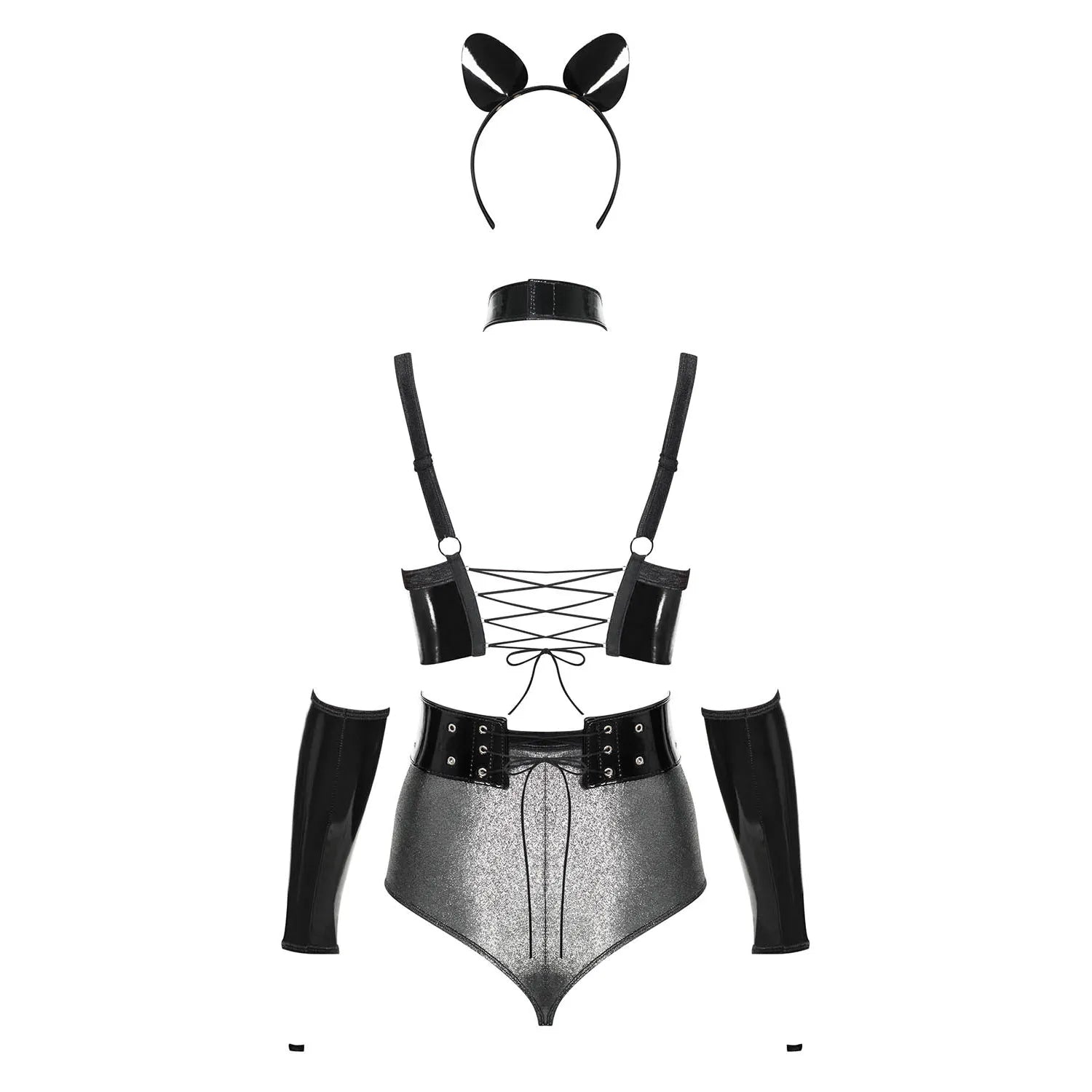 Ensemble lingerie argenté simili cuir, taille haute, 6 pièces avec bretelles réglables, gants, ceinture et serre-tête.