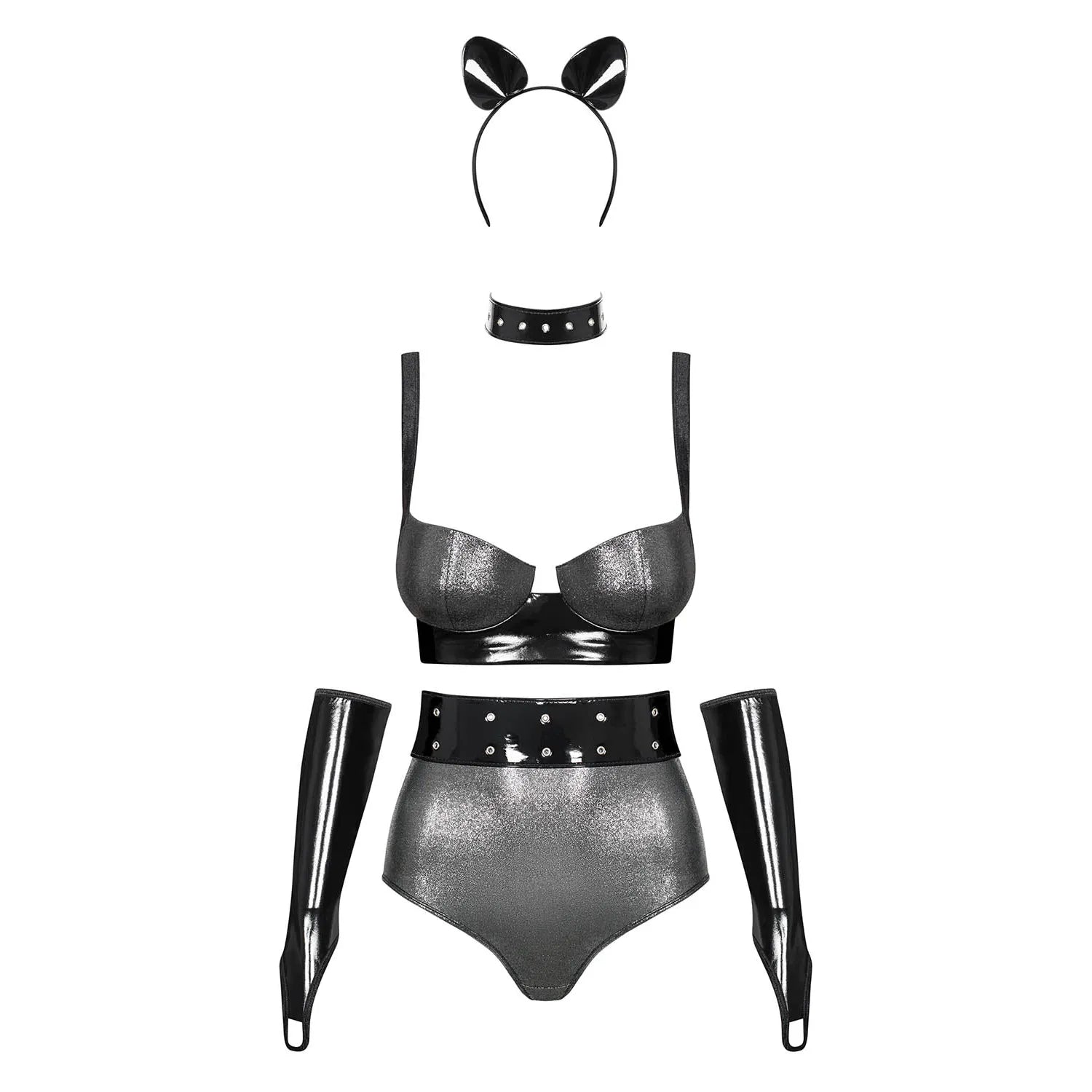 Ensemble lingerie argenté simili cuir 6 pièces, taille haute, bretelles réglables, gants, ceinture, serre-tête brillant.