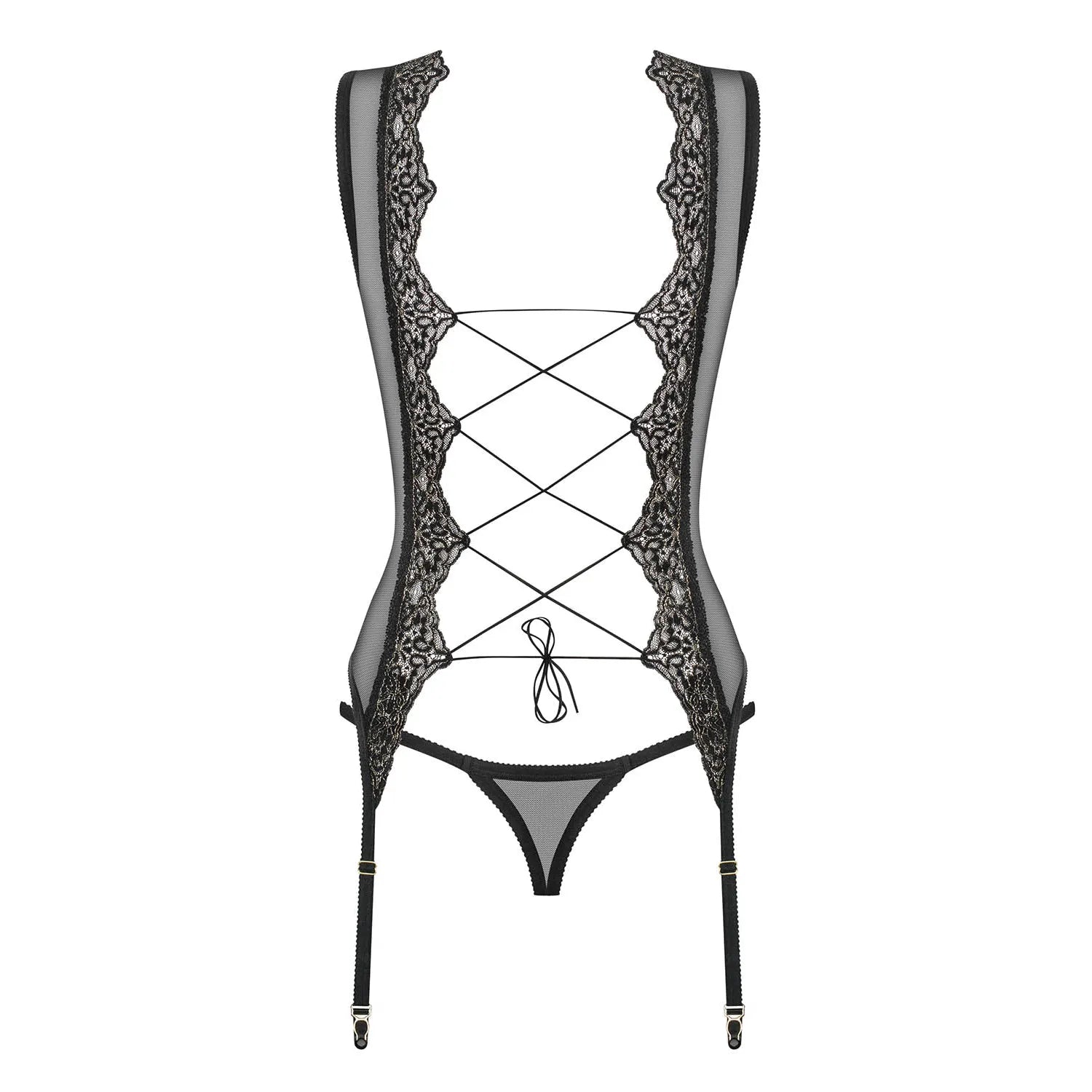 Corset noir transparent en dentelle avec laçage dos, jarretelles réglables, design élégant et sexy en polyamide élasthanne.