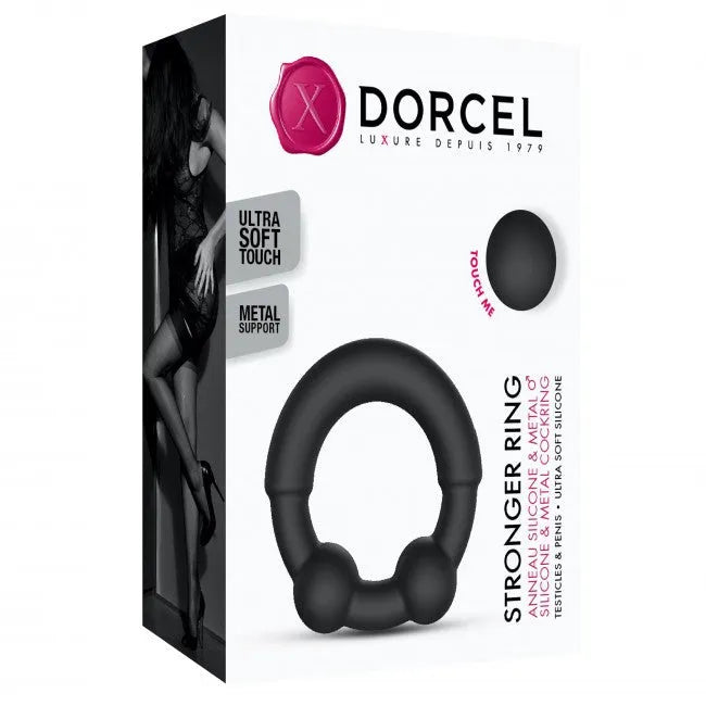 Anneau pénien noir en silicone ultra-doux avec points métalliques, design ergonomique pour érection prolongée, Dorcel.
