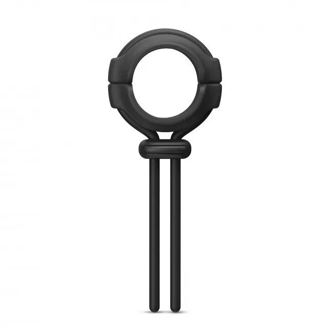 Anneau pénien ajustable en silicone noir avec fermeture coulissante, ergonomique et étanche pour stimulation intense.