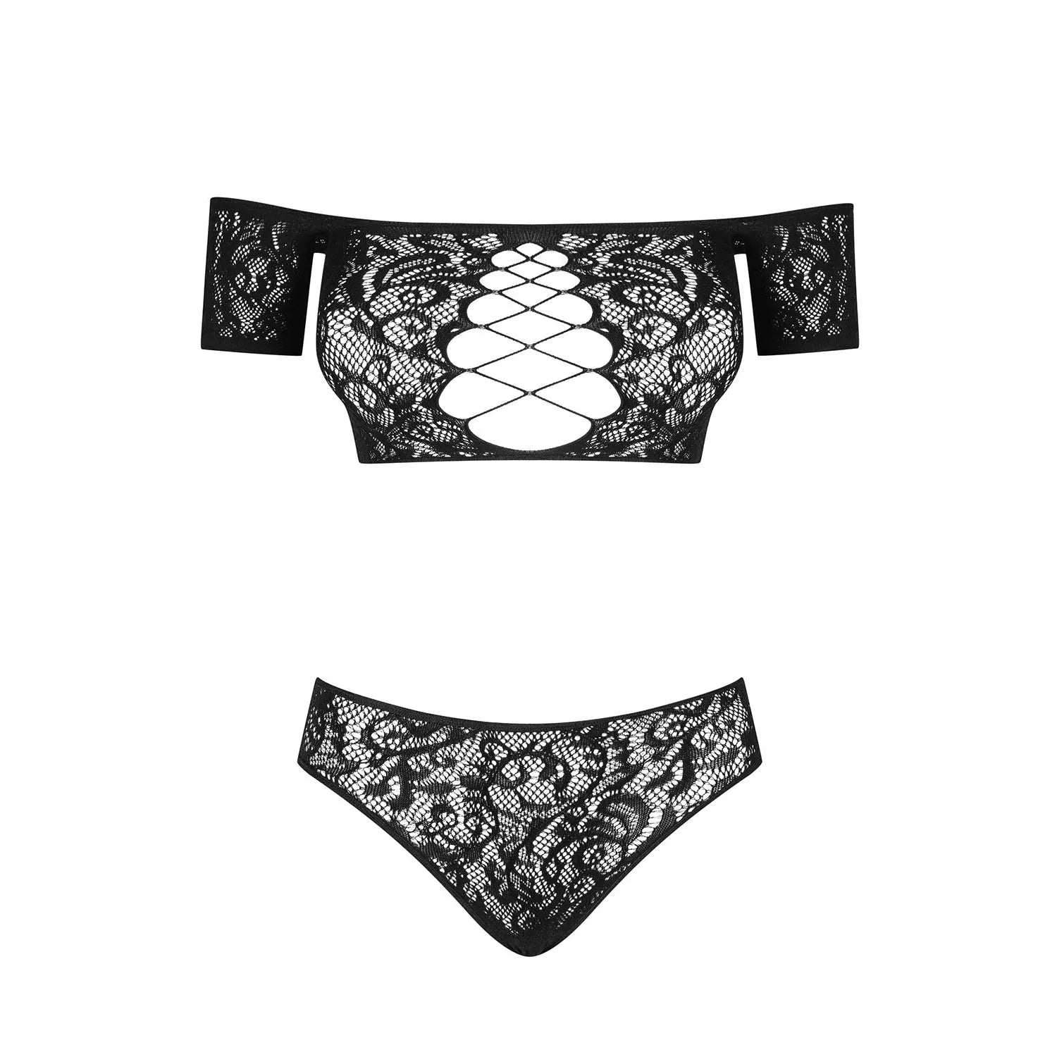 Inessita ensemble lingerie noir sexy maille transparente épaules dénudées laçage décolleté plongeant motif subtil col Carmen nylon élasthanne confort