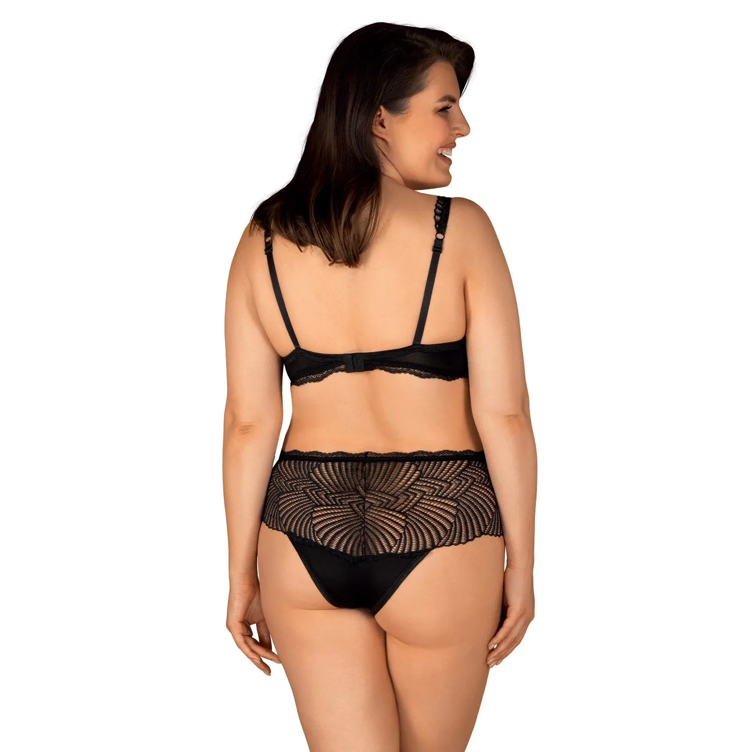 Ensemble lingerie dentelle noire opaque, soutien-gorge et culotte taille haute, bretelles réglables, confort élégant.