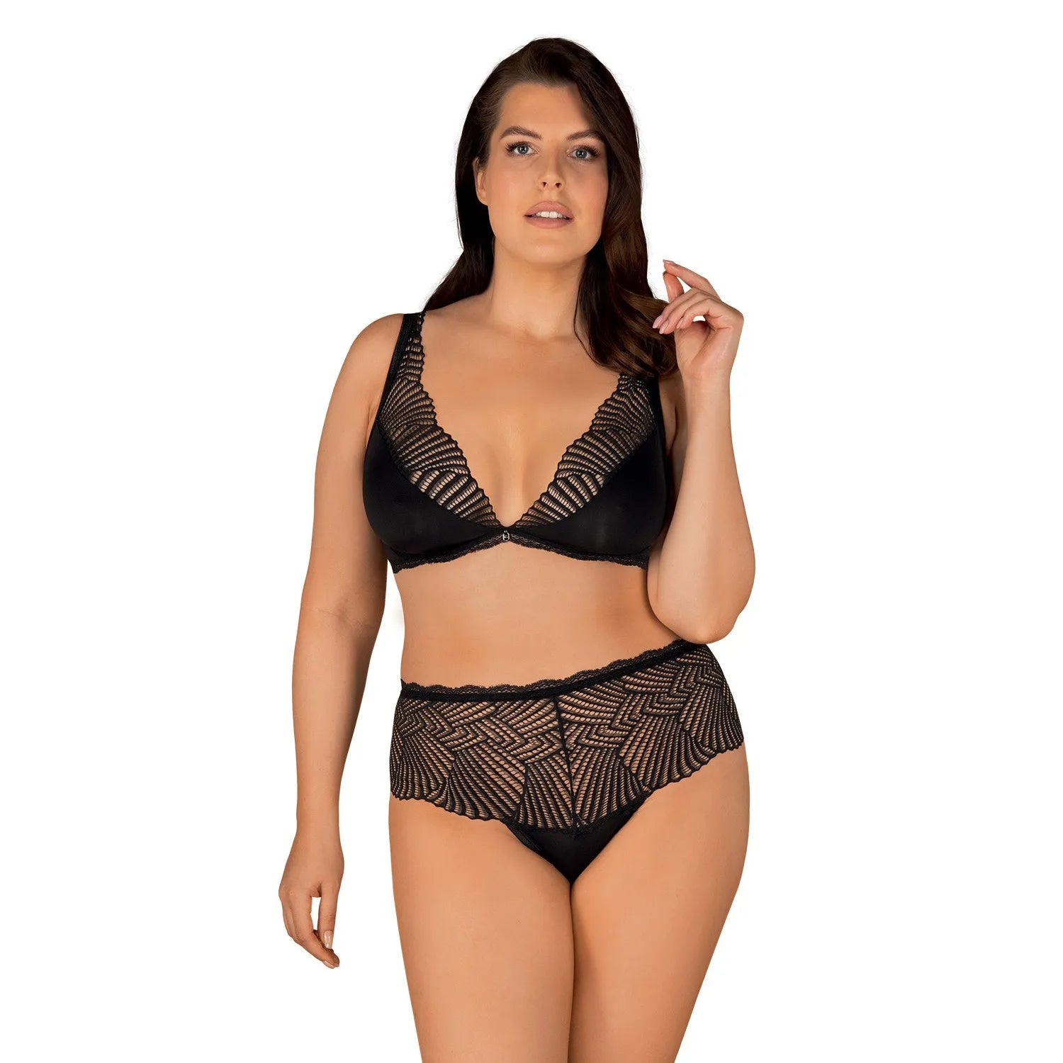 Ensemble lingerie noir dentelle opaque, soutien-gorge et culotte taille haute, bretelles réglables, confort élégant.