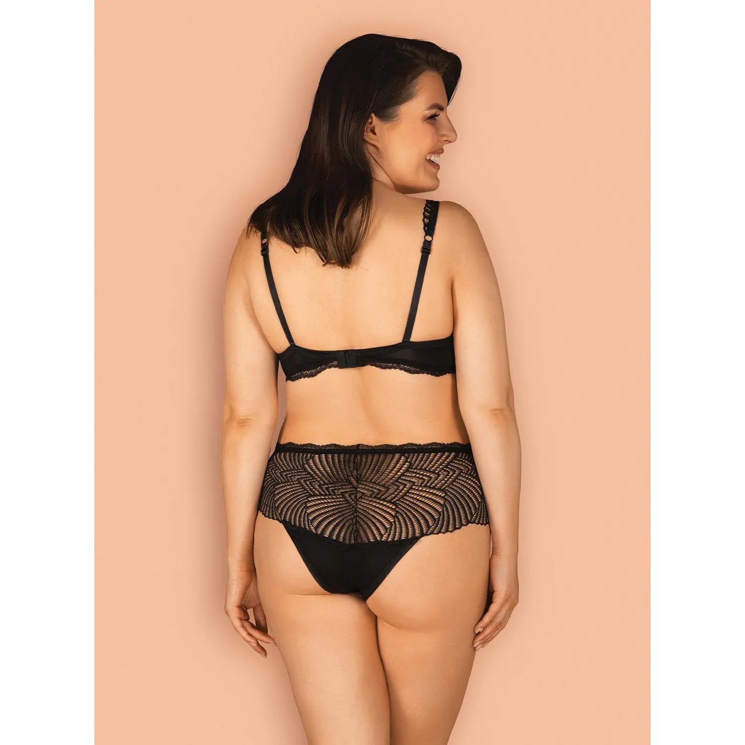 Ensemble lingerie noir dentelle opaque, soutien-gorge et culotte taille haute, bretelles réglables, confort et élégance.