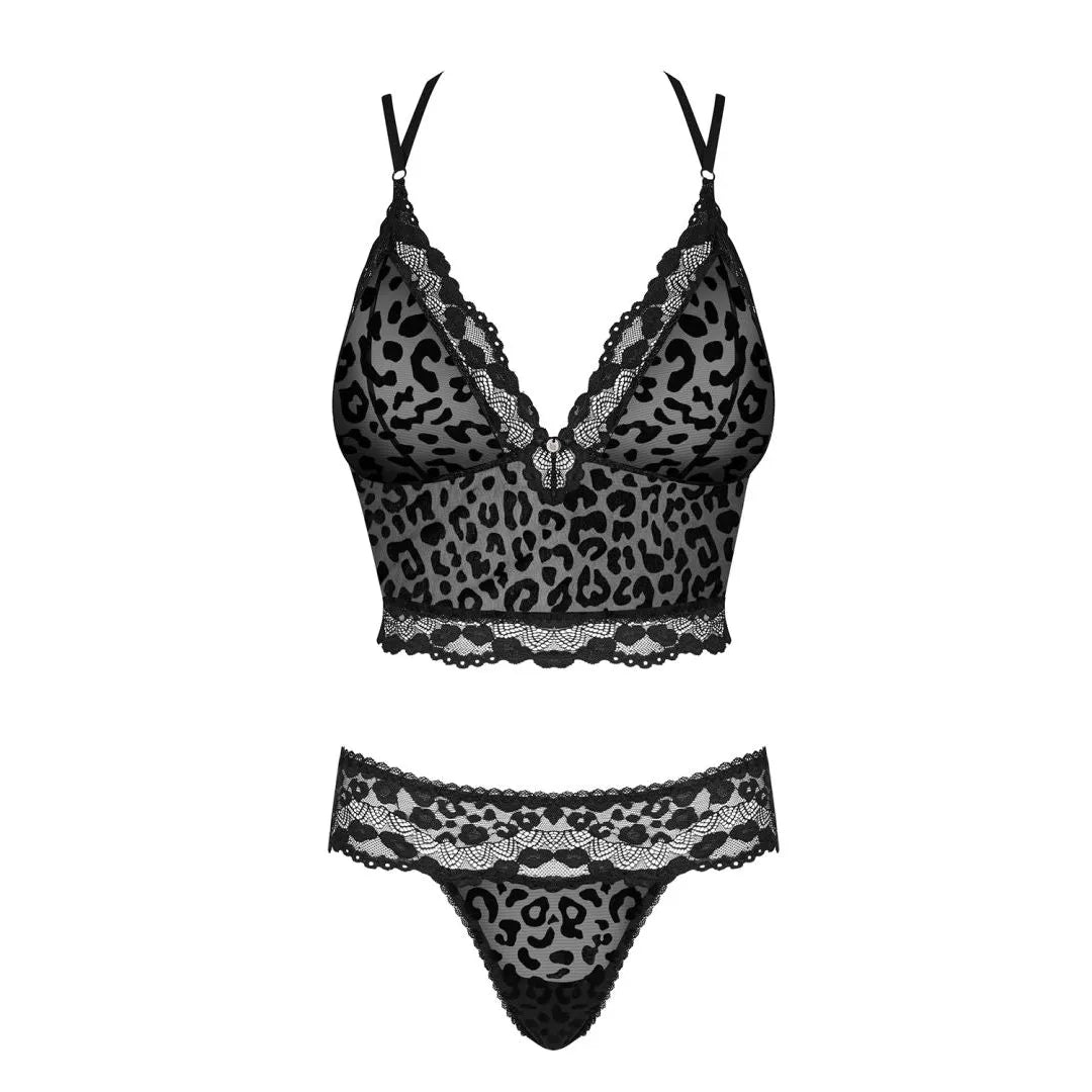Ensemble lingerie léopard en velours transparent, dentelle noire, bretelles croisées, style sensuel et glamour.