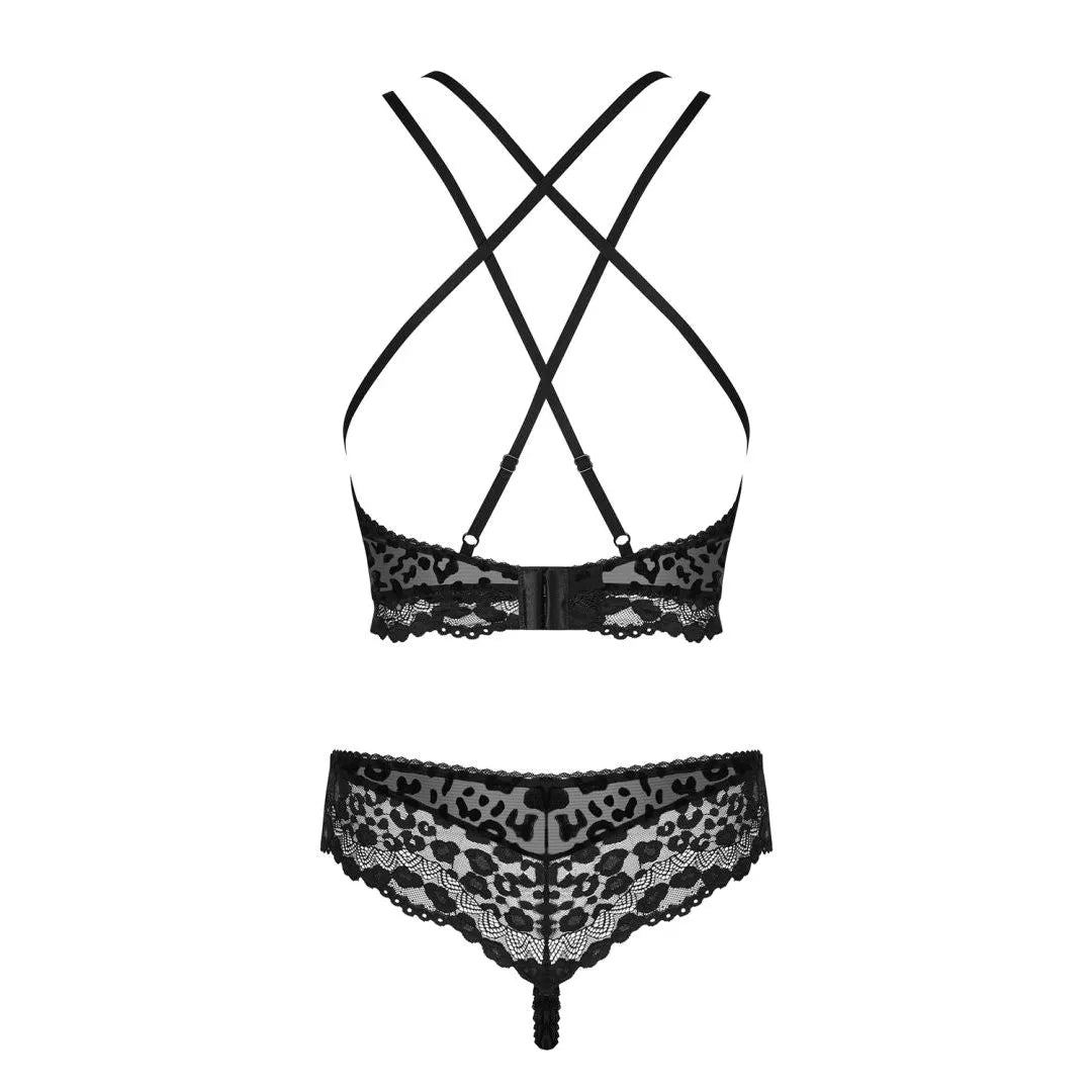 Ensemble lingerie léopard velours noir, dentelle transparente, bretelles croisées, style glamour et sensuel.