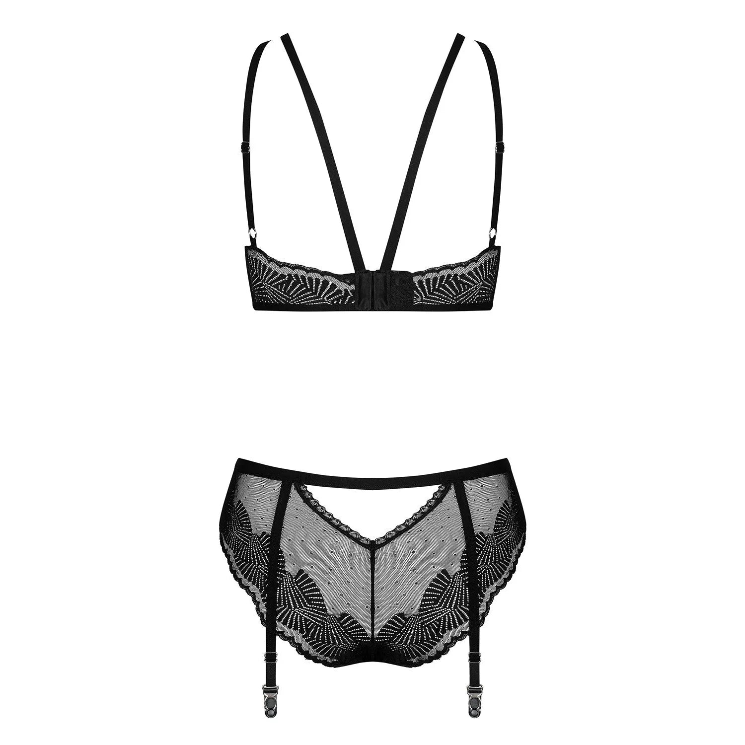 Ensemble lingerie noir maille transparente motifs géométriques, soutien-gorge et culotte avec jarretelles ajustables.