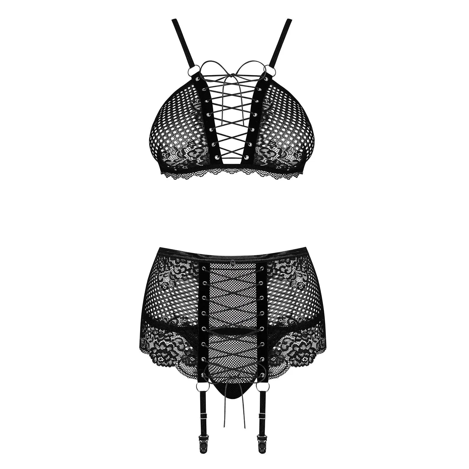 Ensemble lingerie noir dentelle florale, laçage, anneaux métal, soutien-gorge, porte-jarretelles, string réglable.