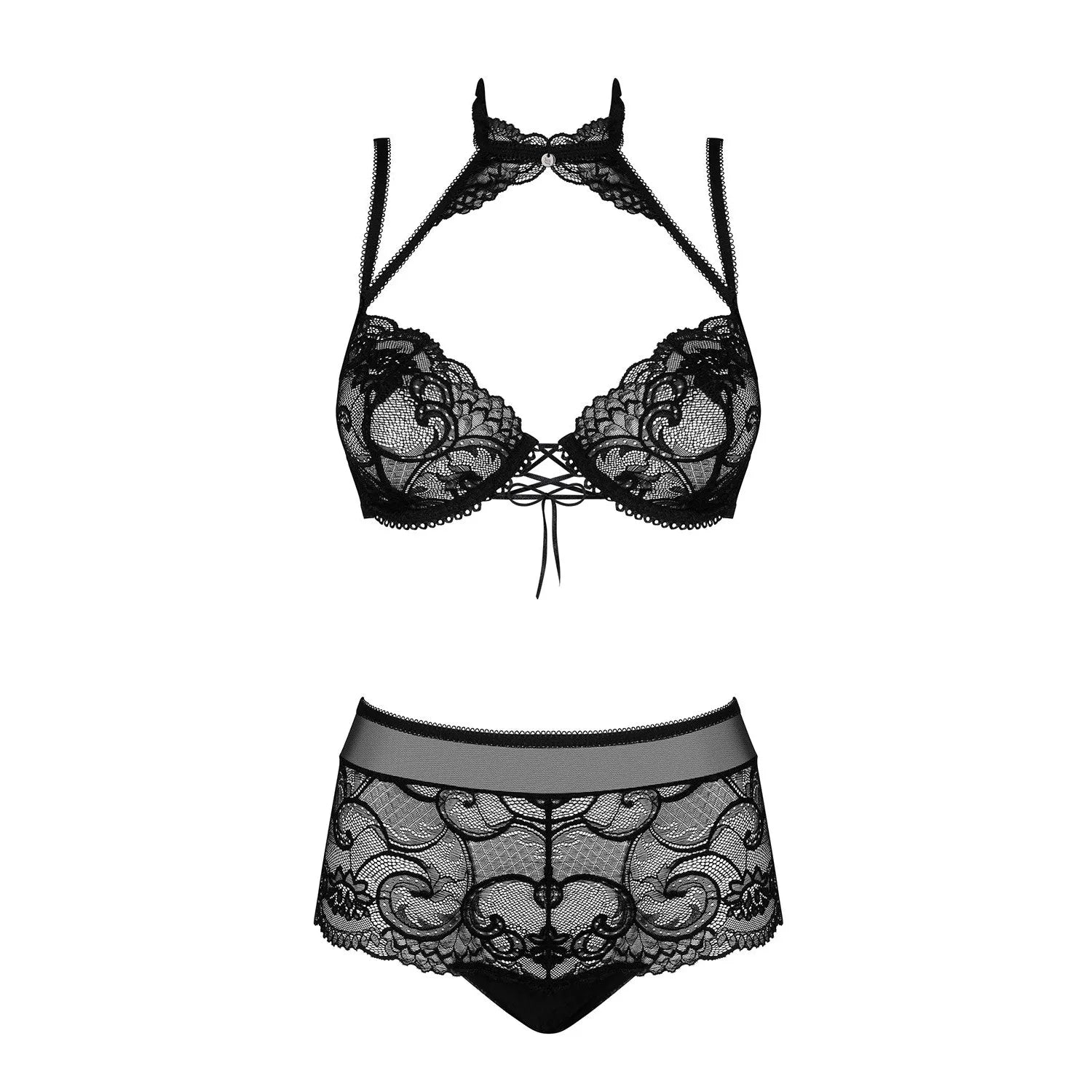 Ensemble lingerie dentelle noire Elizenes, soutien-gorge et shorty ajustables, chic et sensuel avec collier brillant.