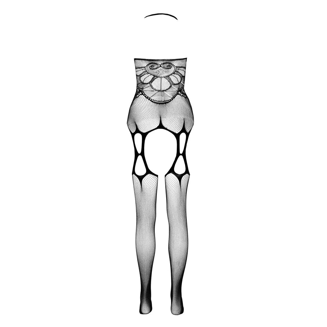 Bodystocking noir résille ajourée, nylon régénéré, ouvert entrejambe, design séduisant et écologique, taille unique.