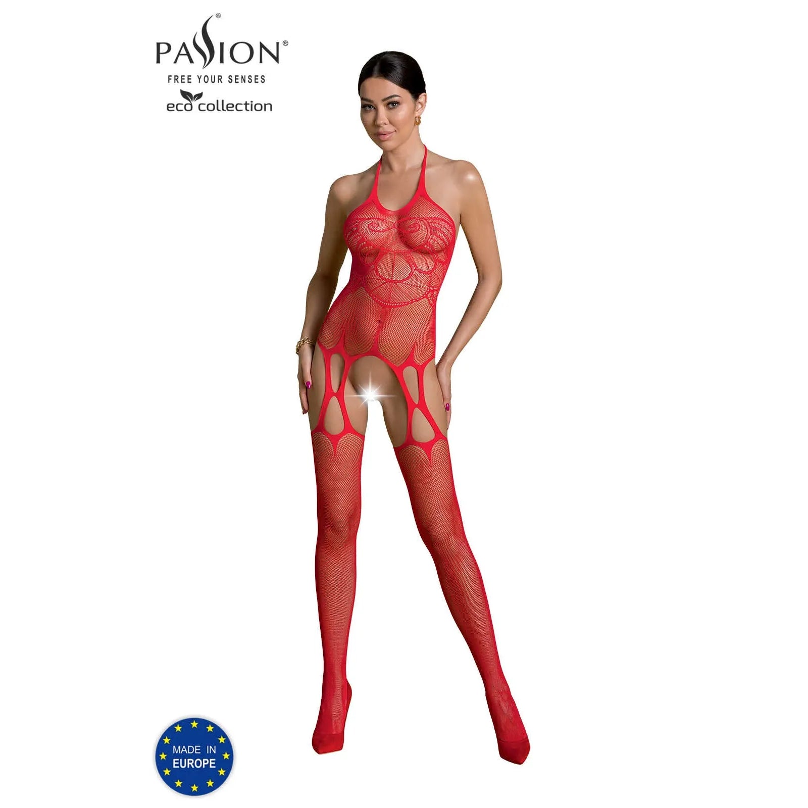 combinaison sexy rouge écologique résille ajourée nylon régénéré élasthanne dégradable confortable extensible taille unique morphologie universelle lingerie séduisante audacieuse