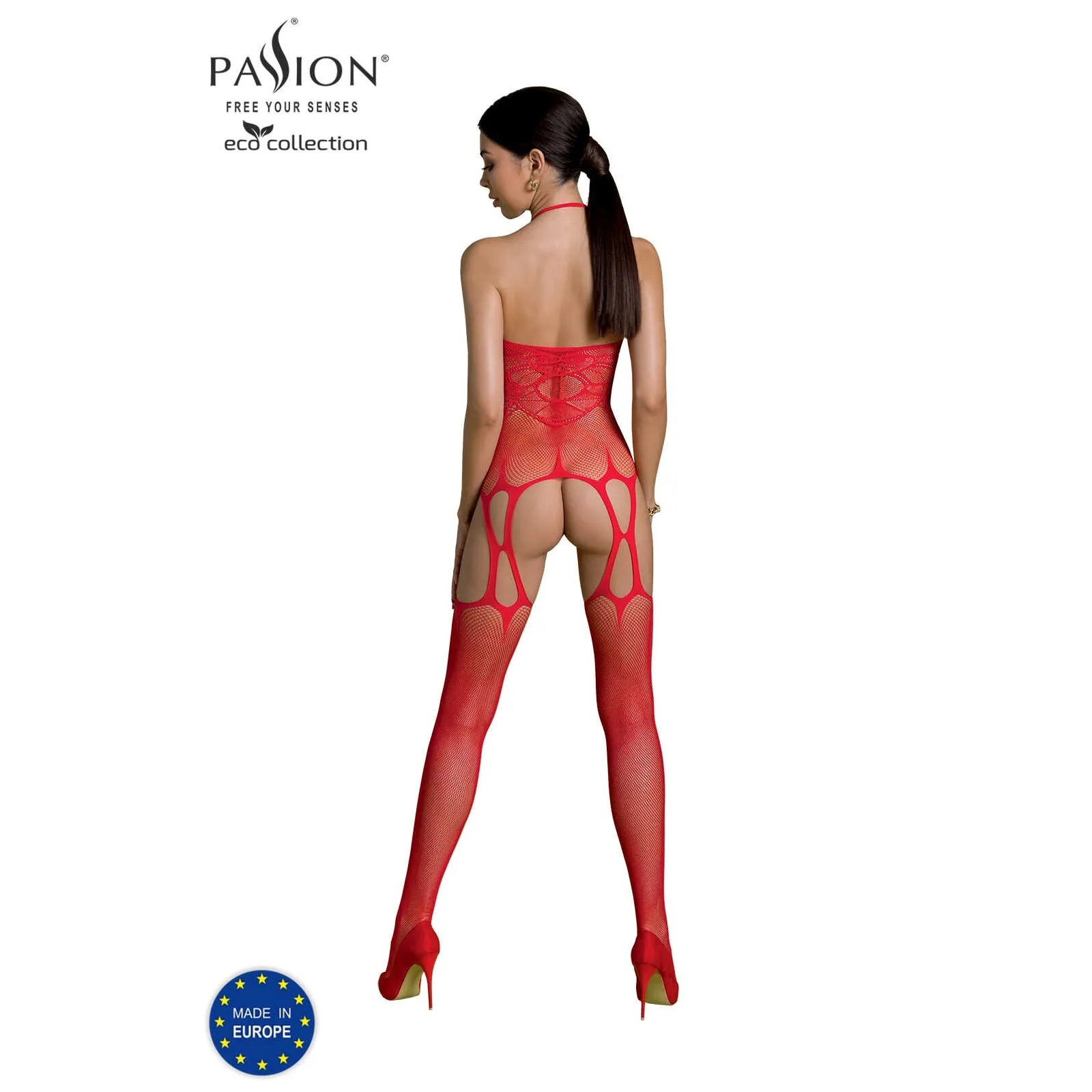 Combinaison rouge résille ajourée, nylon régénéré, dos nu, éco-responsable, lingerie séduisante et extensible.