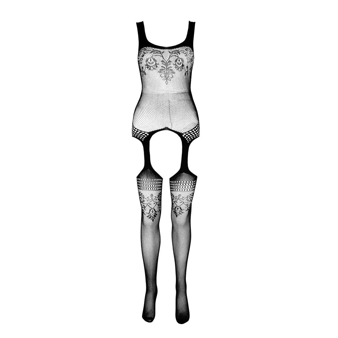 Combinaison résille noire ajourée, ouverture entrejambe, motif floral, nylon régénéré, sexy et écologique, taille unique.