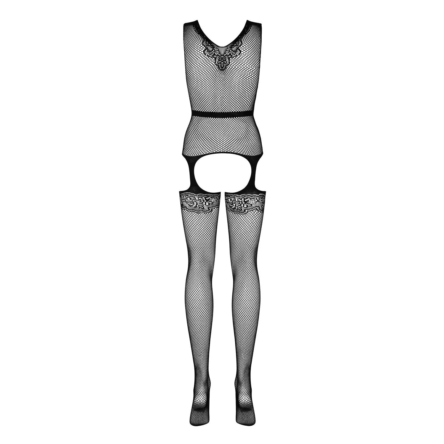 Bodystocking noir résille effet porte-jarretelles, ceinture nœud, ornements jarretières, élégance et sensualité.