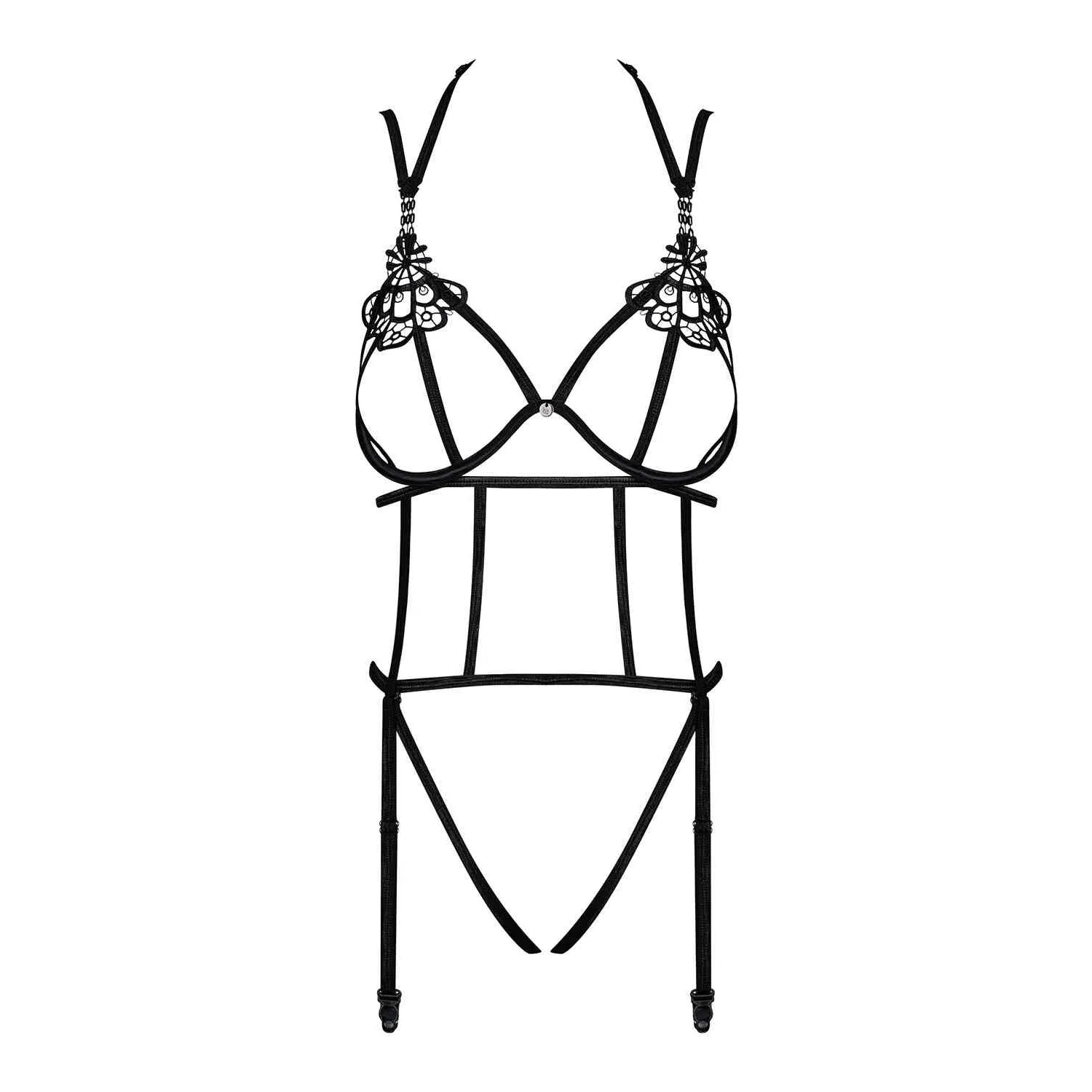 Body ouvert noir Badossa en guipure, bretelles réglables, jarretelles amovibles, armatures, matière extensible.