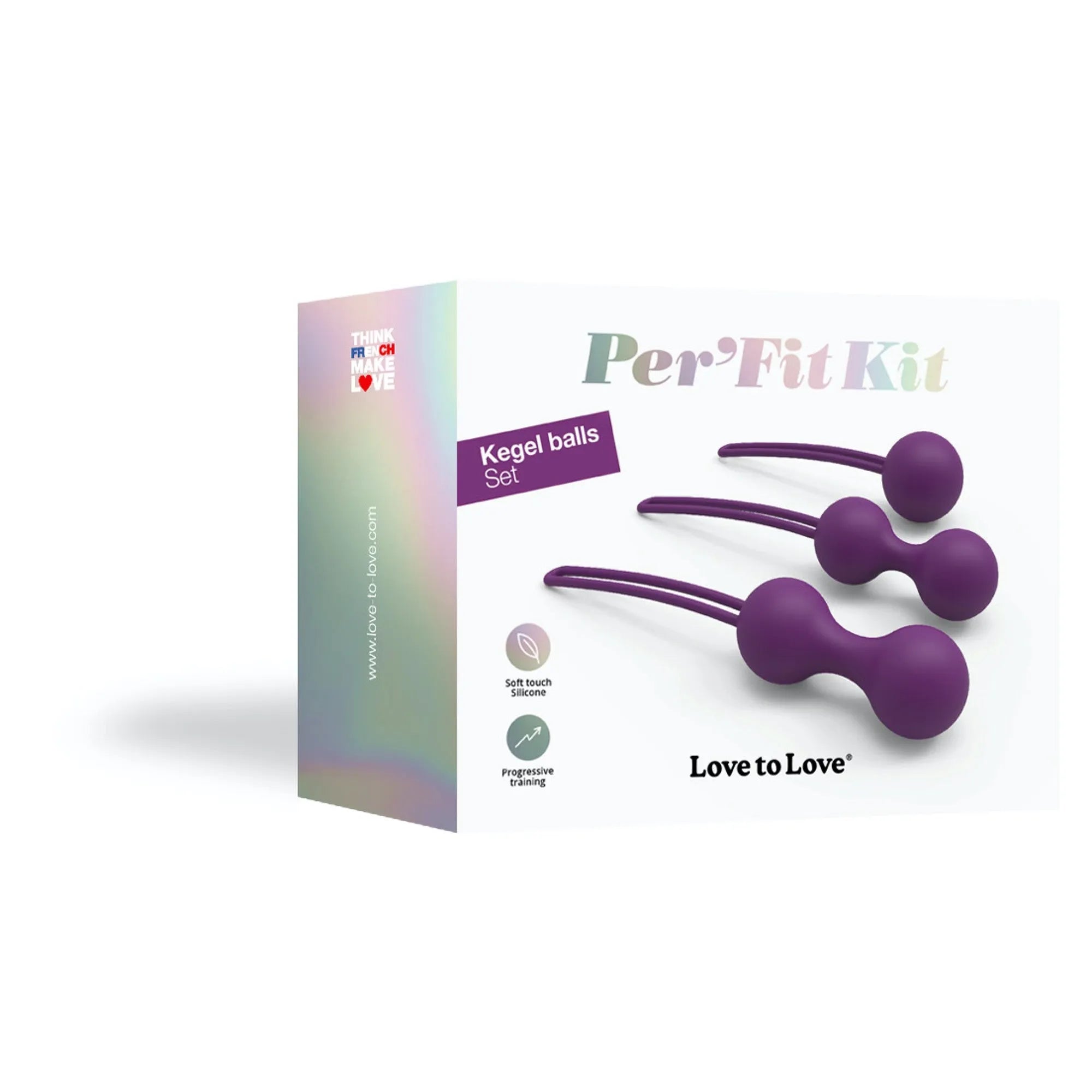 Boules Geisha violettes en silicone, ergonomiques, trois tailles, pour entraînement périnée, sur fond blanc.